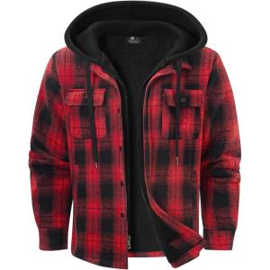 imageZITY Mens Sherpa Flannel Shirt Jacket Plaid Fleece Lined Hoodie Full Zip Long Sleeve Winter Warm Coat for MenRed