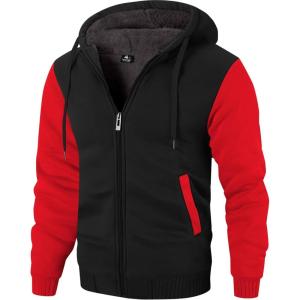 imageZITY Mens Zip Up Hoodie Heavyweight Winter Sweatshirt Fleece Sherpa Lined Warm JacketBlackRed