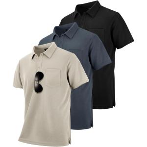 imageZITY 3 Pack Polo Shirts for Men with Pocket Short Sleeve Moisture Wicking Outdoor Tactical Shirt Summer CasualBlackgreyapricot