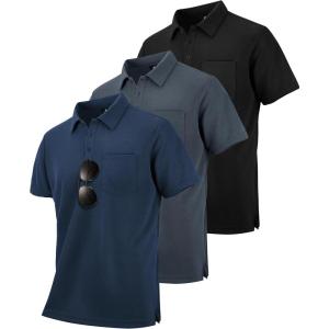 imageZITY 3 Pack Polo Shirts for Men with Pocket Short Sleeve Moisture Wicking Outdoor Tactical Shirt Summer CasualBlackgreynavy