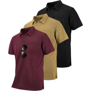 imageZITY 3 Pack Polo Shirts for Men with Pocket Short Sleeve Moisture Wicking Outdoor Tactical Shirt Summer CasualBlackkhakiwine Red