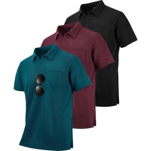 imageZITY 3 Pack Polo Shirts for Men with Pocket Short Sleeve Moisture Wicking Outdoor Tactical Shirt Summer CasualDark Teal Blueblackwine Red