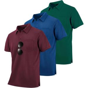 imageZITY 3 Pack Polo Shirts for Men with Pocket Short Sleeve Moisture Wicking Outdoor Tactical Shirt Summer CasualForest Greenwine Redroyal Blue