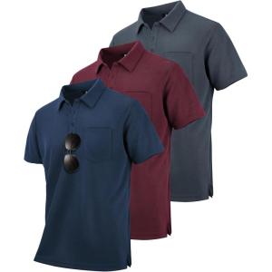 imageZITY 3 Pack Polo Shirts for Men with Pocket Short Sleeve Moisture Wicking Outdoor Tactical Shirt Summer CasualGreywine Rednavy