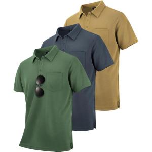 imageZITY 3 Pack Polo Shirts for Men with Pocket Short Sleeve Moisture Wicking Outdoor Tactical Shirt Summer CasualKhakigreyarmy Green