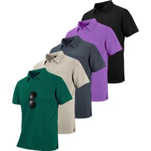 imageZITY 5 Pack Polo Shirts for Men with Pocket Dry Quickly Short Sleeve Athletic Outdoor Work Collared ShirtsBlackgreyforest Greenapricotviolet