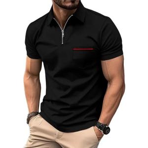 imageZITY Mens Polo Shirts Quarter Zip Shirts Casual Classic Lightweight Short Sleeve Golf Collared Shirt with PocketBlack Red