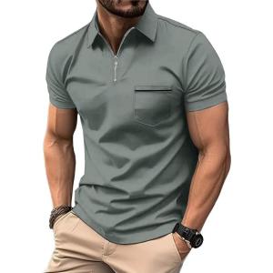 imageZITY Mens Polo Shirts Quarter Zip Shirts Casual Classic Lightweight Short Sleeve Golf Collared Shirt with PocketGrey
