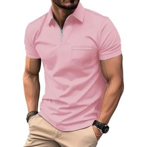 imageZITY Mens Polo Shirts Quarter Zip Shirts Casual Classic Lightweight Short Sleeve Golf Collared Shirt with PocketPink