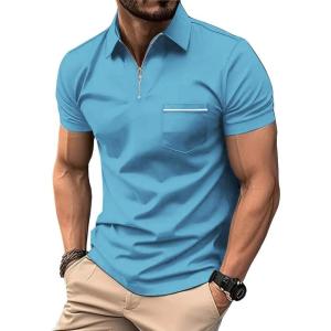 imageZITY Mens Polo Shirts Quarter Zip Shirts Casual Classic Lightweight Short Sleeve Golf Collared Shirt with PocketSky Blue