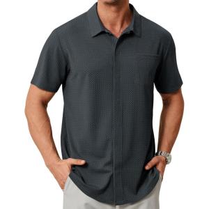 imageZITY Mens Casual Hawaiian Beach Vacation Summer Shirt Button Down Short Sleeve Textured ShirtsDark Grey