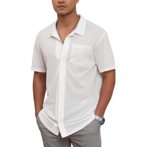 imageZITY Mens Casual Hawaiian Beach Vacation Summer Shirt Button Down Short Sleeve Textured ShirtsWhite