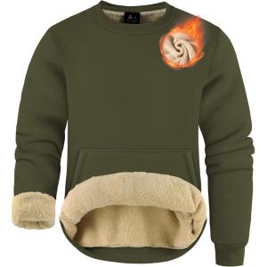 imageZITY Mens Crewneck Sweatshirt Heavyweight Fleece Sweatshirts Kangaroo Pocket Thick Winter Sherpa Lined Long Sleeve PulloverArmy Green