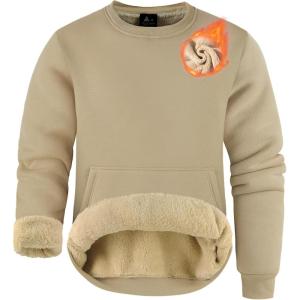 imageZITY Mens Crewneck Sweatshirt Heavyweight Fleece Sweatshirts Kangaroo Pocket Thick Winter Sherpa Lined Long Sleeve PulloverLight Brown