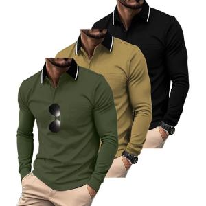 imageZITY 3 Pack Men Polo Shirts Long Sleeve with Pocket Golf Shirts Shirts for Men Casual Work Athletic Collared TShirtsBlack Green Khaki