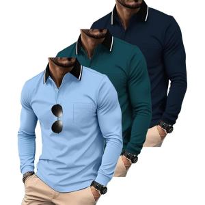 imageZITY 3 Pack Men Polo Shirts Long Sleeve with Pocket Golf Shirts Shirts for Men Casual Work Athletic Collared TShirtsBlue Darkblue Navy