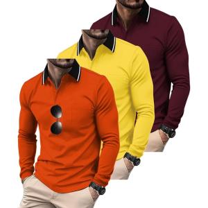 imageZITY 3 Pack Men Polo Shirts Long Sleeve with Pocket Golf Shirts Shirts for Men Casual Work Athletic Collared TShirtsOrange Yellow Winered