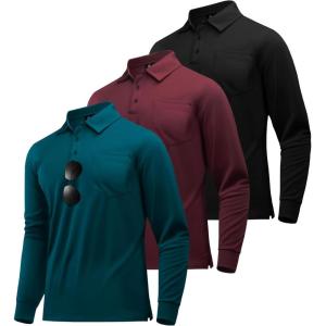 imageZITY 3 Pack Long Sleeve Polo Shirts for Men with Pocket Moisture Wicking Outdoor Workwear Office Casual Collared Shirts FallBlackwine Reddrak Teal Blue