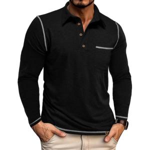 imageZITY Mens Casual Long Sleeve Polo Shirts Classic Button Cotton Work TShirt Collared Basic Golf Shirt with PocketBlack