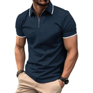 imageZITY Polo Shirts for Men Quarter Zip Casual Shirts Short Sleeve Moisture Wicking Golf Polo Collared ShirtsNavy