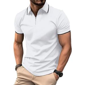 imageZITY Polo Shirts for Men Quarter Zip Casual Shirts Short Sleeve Moisture Wicking Golf Polo Collared ShirtsWhite