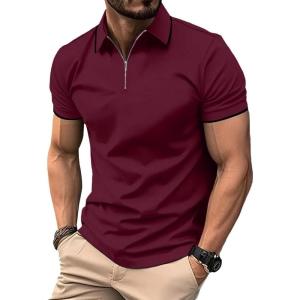 imageZITY Polo Shirts for Men Quarter Zip Casual Shirts Short Sleeve Moisture Wicking Golf Polo Collared ShirtsWine Red