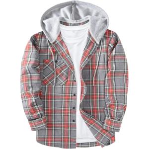image:imageZITY Mens Flannel Hoodie Shirts Casual Button Down Plaid Shirt Jackets for Men Long Sleeve Stylish Hooded with PocketLight Red Gray