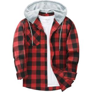 image:imageZITY Mens Flannel Hoodie Shirts Casual Button Down Plaid Shirt Jackets for Men Long Sleeve Stylish Hooded with PocketRed