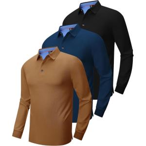 image:imageZITY Long Sleeve Polo Shirts for Men 3 Pack Collared Performance Golf Polos Mens Casual Shirts Moisture Wicking WorkwearBrown  Black  Navy
